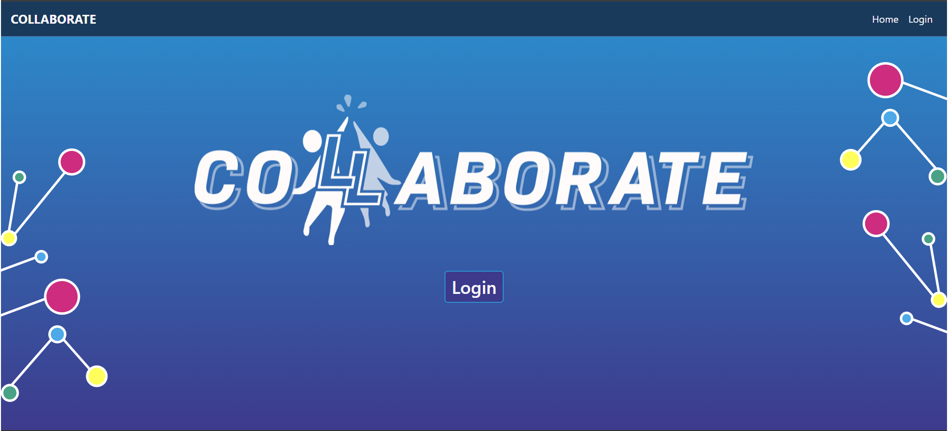 A purple to blue gradient hompeage screen with the logo 'Collaborate' and a login button.