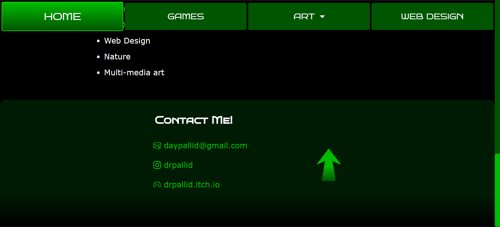 The new navigation and footer for this website, the art button has a dropdown menu, and the responsiveness has been improved.