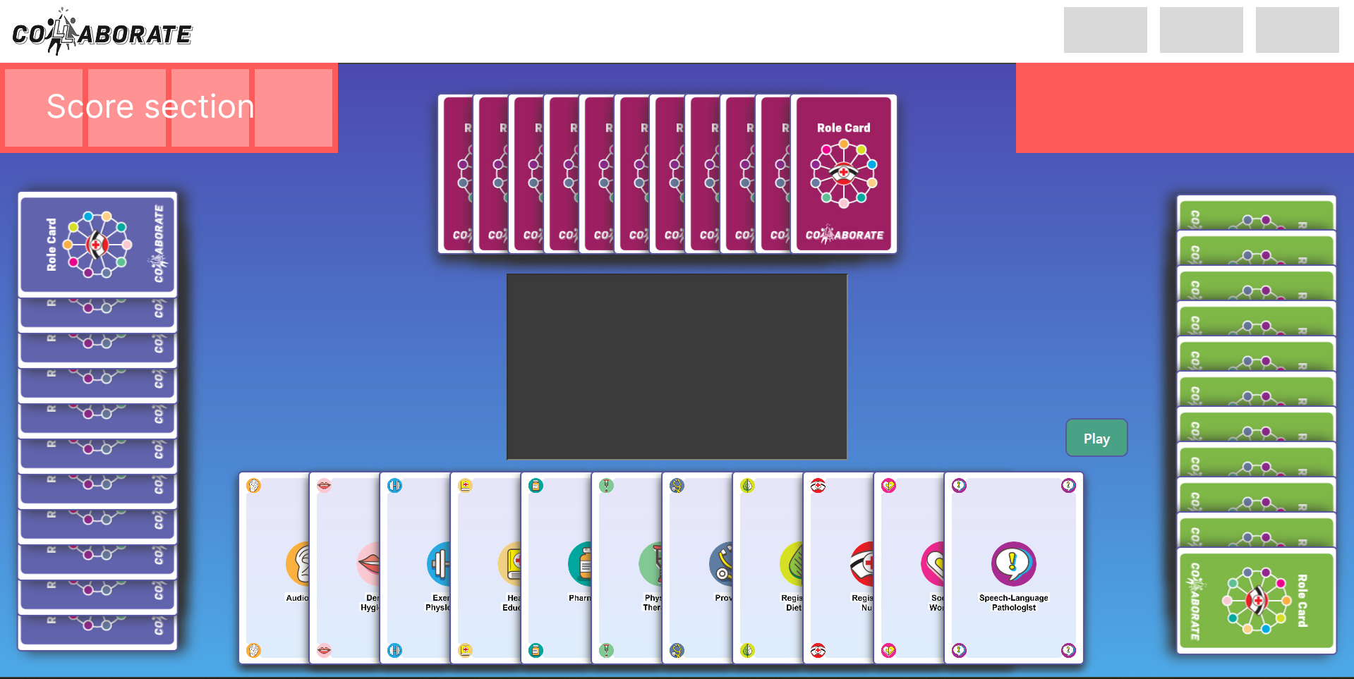 A mockup of the scenario mode, it displays the scenario card, the players cards, and a scores menu.