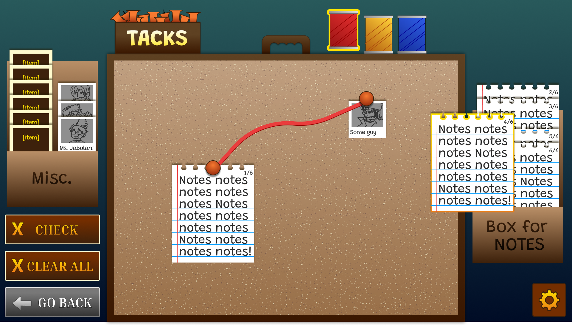 Corkboard design where players can drag and drop items, evidence, and people to connect them together with thread.