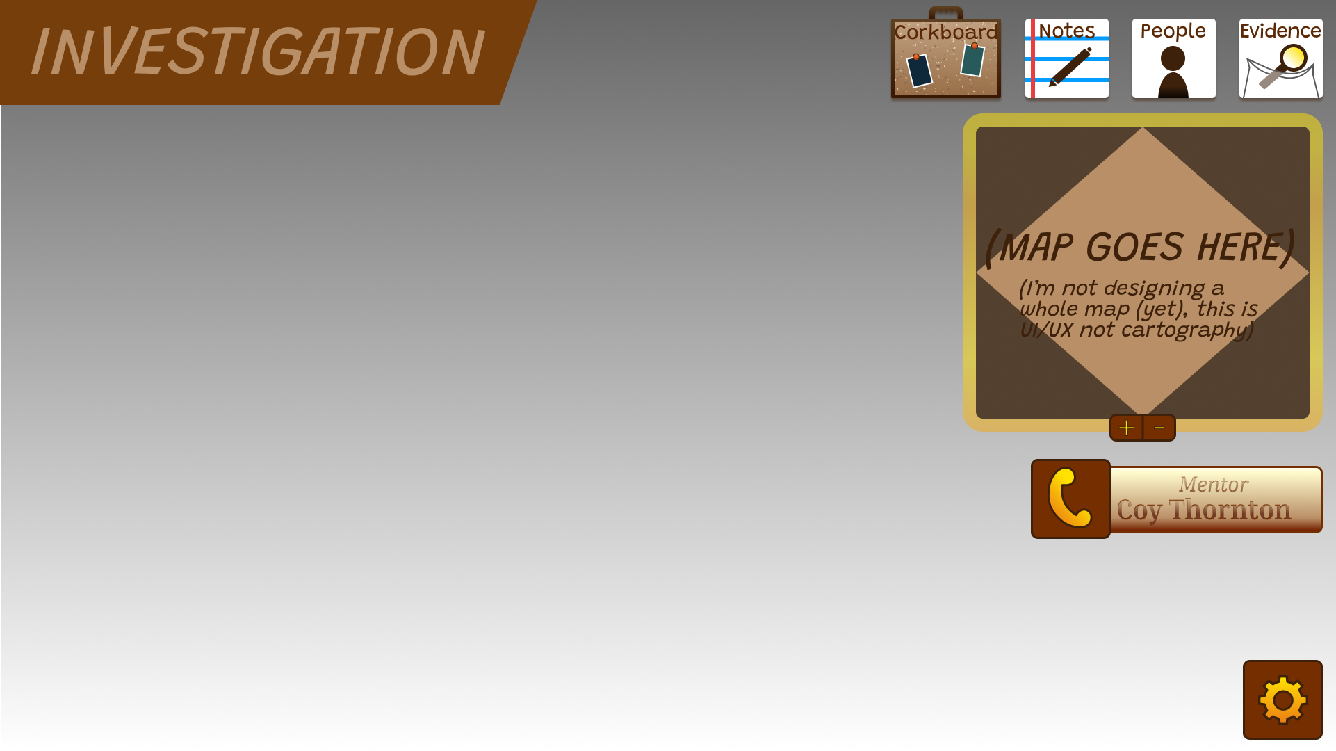 Investigation UI design with a map, a top right navbar, and a call partner button.