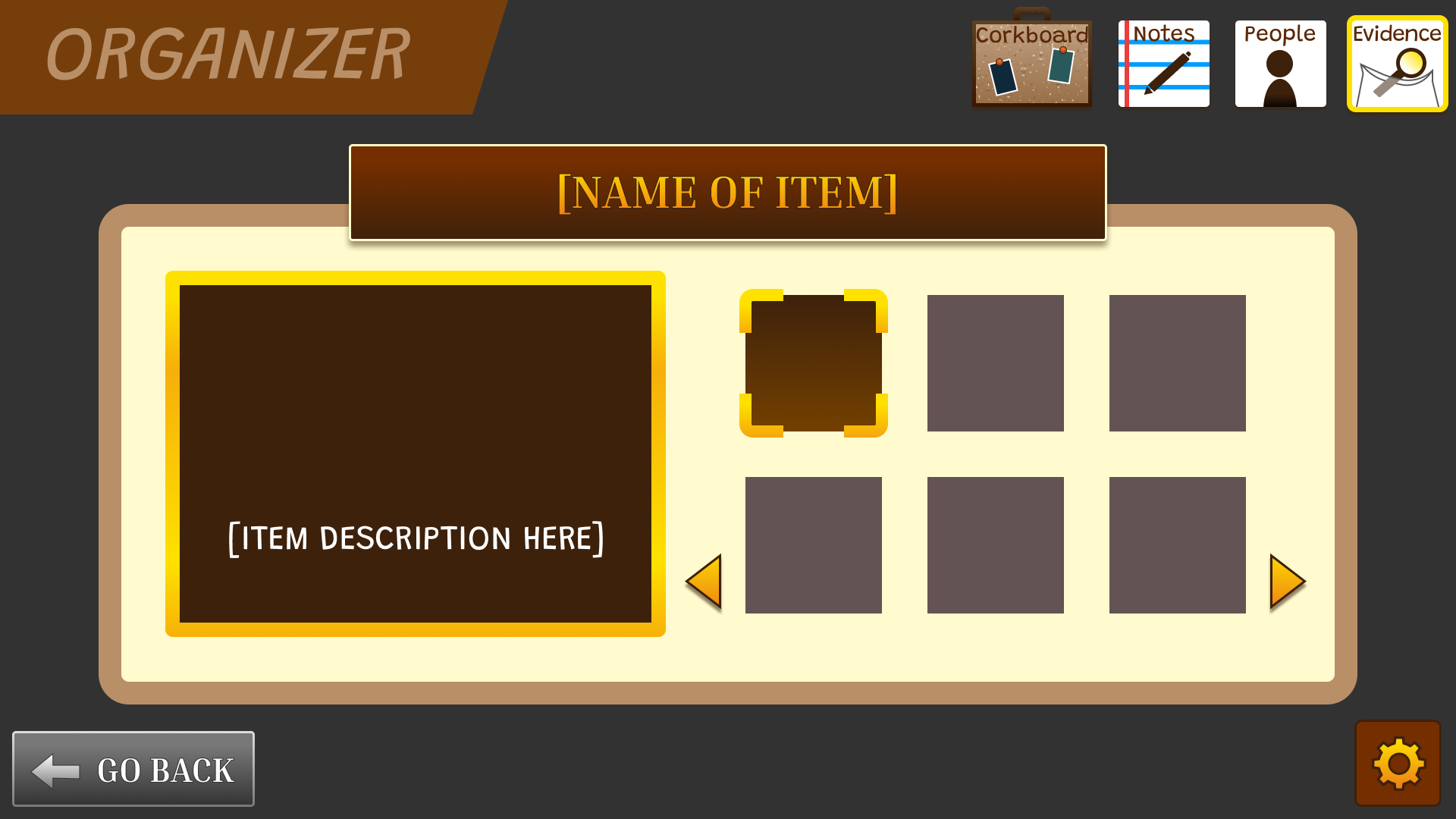 Organizer design for featuring items, evidence, and people.